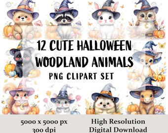 Whimsical Halloween Woodland Animals Clipart Bundle | Cute Watercolor Forest Creatures with Pumpkins & Witch Hats, Nursery Decor Printables