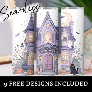 Haunted Fall Bookstore PNG, Trendy Cute Halloween Spooky Ghosts Cozy Bookish Library Sublimation, 20oz skinny tumbler wrap, Book Lover Gift