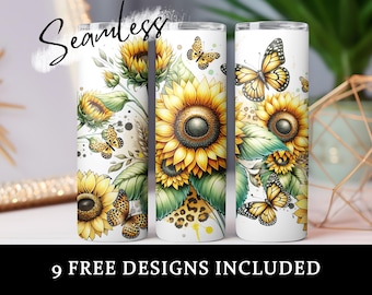 Sunflowers Leopard 20oz Skinny Tumbler Wrap, Floral Sublimation Tumbler Design, Leopard Print Flower Digital Download Seamless, Yellow Flora