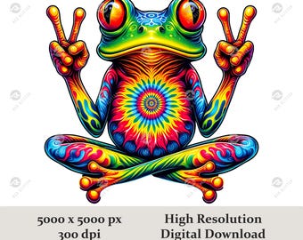 Frog And Peace Sign Png, Hippie Frog PNG, Tie Dye Peace Sublimation Design, Groovy Boho Frog Retro 70s Digital Download