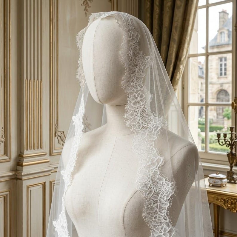 May include: A white bridal veil with delicate lace trim is draped over a mannequin. The lace edging features a floral design. The veil is sheer, allowing the mannequin's form to be partially visible. The background includes a window and ornate wall paneling.