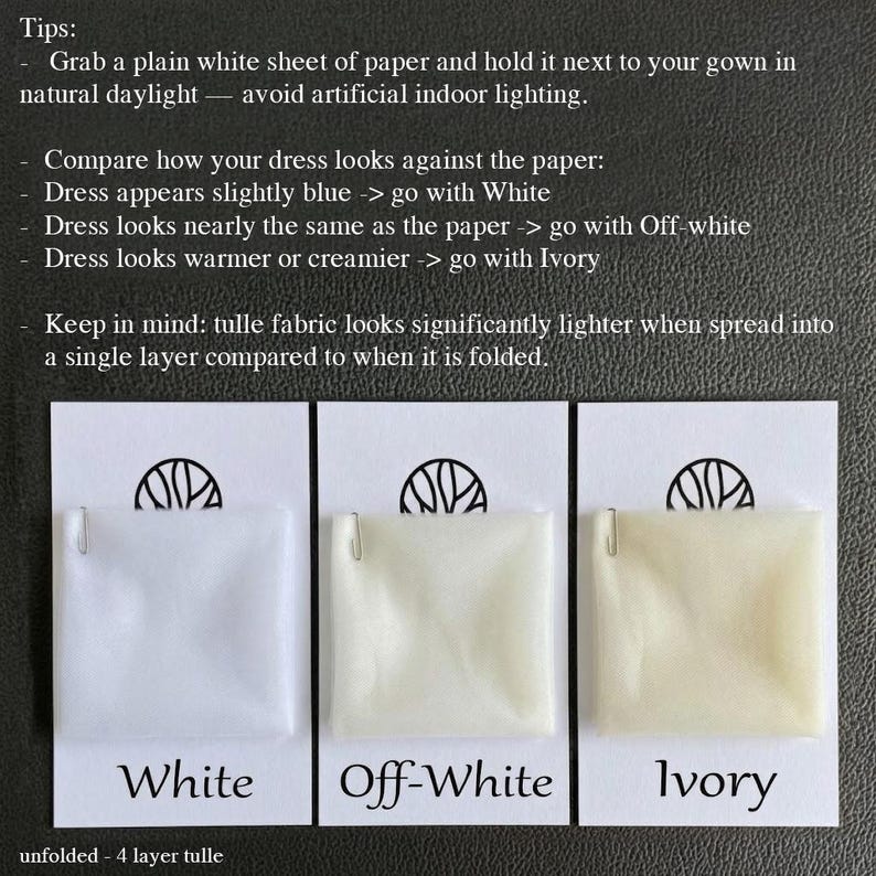 May include: Three fabric swatches labeled White, Off-White, and Ivory, clipped to cards. The cards have a logo and text that reads "unfolded - 4 layer tulle." The image provides tips for matching dress colors to fabric swatches.