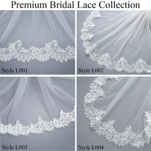 May include: Four close-up views of white bridal lace designs. Each sample, labeled Style L001, L002, L003, and L004, showcases intricate floral and scalloped edges. The text "Premium Bridal Lace Collection" is at the top.