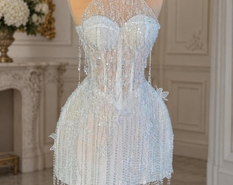 Lace corset wedding dress. Fringe wedding dress. Reception dress. Bachelor/bachelorette dress. Unique mini wedding dress.