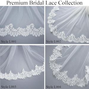 May include: Four close-up views of white bridal lace designs. Each sample, labeled Style L001, L002, L003, and L004, showcases intricate floral and scalloped edges. The text "Premium Bridal Lace Collection" is at the top.