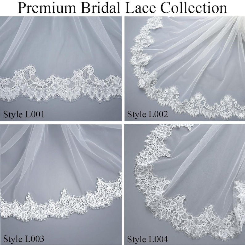 May include: Four close-up views of white bridal lace designs. Each sample, labeled Style L001, L002, L003, and L004, showcases intricate floral and scalloped edges. The text "Premium Bridal Lace Collection" is at the top.