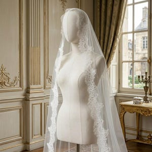 May include: A white bridal veil with delicate lace trim is displayed on a mannequin. The veil is sheer and drapes gracefully, showcasing the intricate floral lace along the edges. The mannequin is in a room with ornate wall paneling and a window.