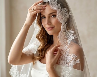 Mantilla Wedding Veil, Wide Chantilly Eyelash Lace Cathedral Bridal Headpiece, Spanish Ivory Scalloped Lace Veil with Comb