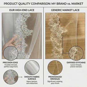 May include: A side-by-side comparison of high-end lace versus generic market lace. The left side shows a close-up of high-end lace with precision edges, invisible threads, and a smooth fabric surface. The right side displays generic lace with exposed stitching and pronounced wrinkles.