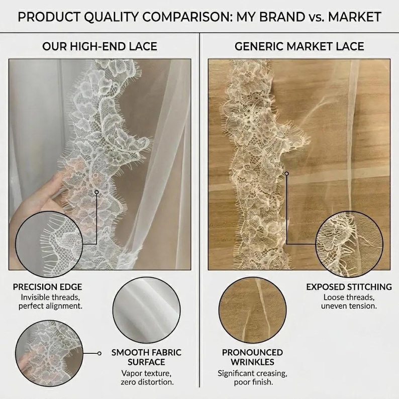 May include: A side-by-side comparison of high-end lace versus generic market lace. The left side shows a close-up of high-end lace with precision edges, invisible threads, and a smooth fabric surface. The right side displays generic lace with exposed stitching and pronounced wrinkles.