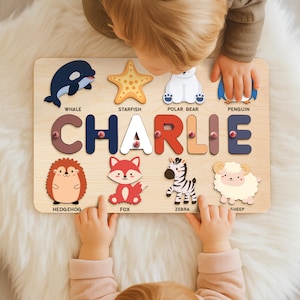 Custom Name Puzzle with Animals, Personalized Birthday Gift, Christmas Gifts For Toddlers, Unique Baby Gift, Wooden Montessori Toys For Kids