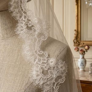 May include: A close-up of a bridal veil with intricate white lace detailing. The lace trim features floral and scroll patterns along the edge of the sheer fabric. The veil is draped over a mannequin, showcasing the delicate design.
