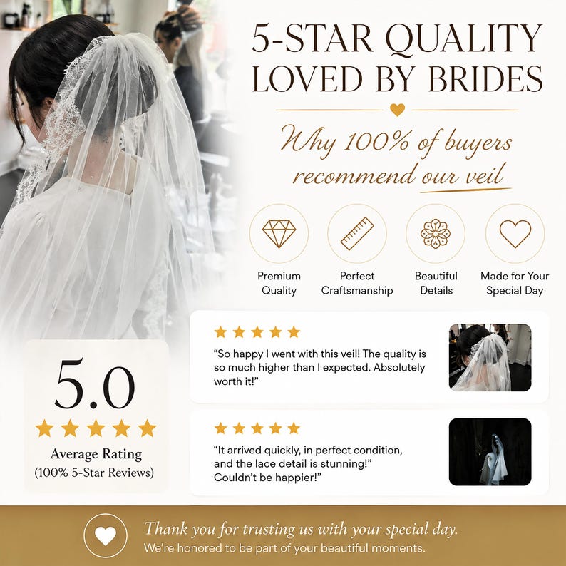 May include: A bride wearing a white veil with lace detailing. The image includes text that reads "5-STAR QUALITY LOVED BY BRIDES" and customer reviews. The average rating is 5.0 stars.