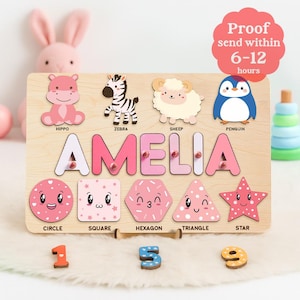Personalized Name Puzzle for Girls – Animal Style Montessori Toy for Toddlers, First Birthday Gift Idea, Custom Wooden Baby Puzzle