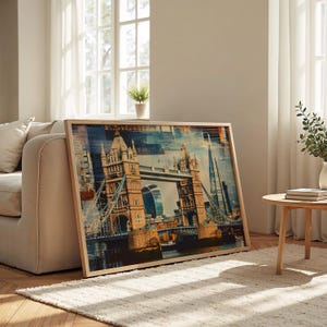 Paesaggio urbano di Londra: carta semi-lucida, poster con cornice in legno, arte murale, decorazione, skyline della città, collage, punti di riferimento, monumenti