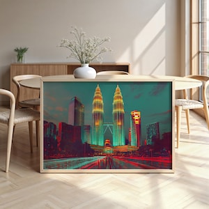 Paesaggio urbano di Kuala Lumpur: carta semi-lucida, poster con cornice in legno, arte murale, decorazione, skyline della città, distintivo, Malesia