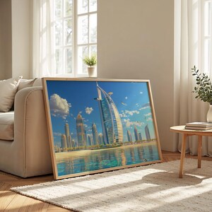 Paesaggio urbano di Dubai: carta semi-lucida, poster con cornice in legno, arte murale, decorazione, skyline della città, lungomare, stile Pixar, distintivo