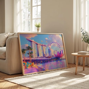 Paesaggio urbano di Singapore: carta semi-lucida, poster con cornice in legno, arte murale, decorazione, skyline della città, stile Pixar 3D, punti di riferimento, monumenti