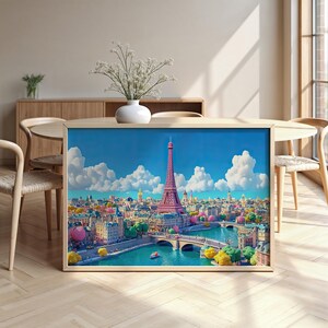 Paesaggio urbano di Parigi: carta semi-lucida, poster con cornice in legno, arte murale, decorazione, skyline della città, stile Pixar 3D, punti di riferimento, monumenti, Francia