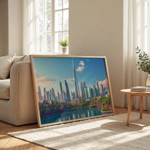 Paesaggio urbano di Dubai: carta semi-lucida, poster con cornice in legno, arte murale, decorazione, skyline della città, lungomare, stile Pixar, distintivo