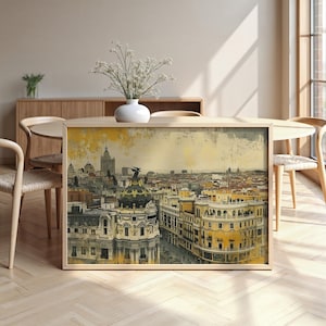 Paesaggio urbano di Madrid: carta semi-lucida, poster con cornice in legno, arte murale, decorazione, skyline della città, distintivo, contemporaneo, Spagna