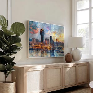 Paesaggio urbano di Macao: carta semi-lucida, poster con cornice in legno, arte murale, decorazione, skyline della città, collage, punti di riferimento, monumenti
