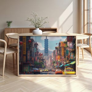 Taipei Cityscape: Semi-Glossy Paper, Wooden Framed Poster, Wall Art, Decor, City Skyline, 3D Pixar Style,  Landmarks, Monuments
