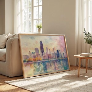 Paesaggio urbano di Chicago: carta opaca, poster con cornice in legno, acquerello