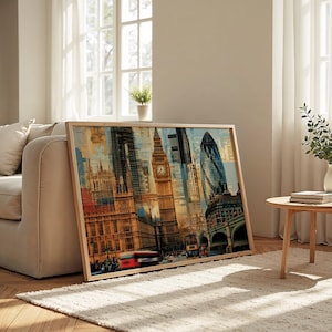 Paesaggio urbano di Londra: carta semi-lucida, poster con cornice in legno, arte murale, decorazione, skyline della città, collage, punti di riferimento, monumenti