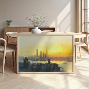 Paesaggio urbano di Shanghai: carta semi-lucida, poster con cornice in legno, arte murale, decorazione, skyline della città, punti di riferimento, monumenti, Cina