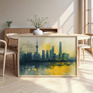 Paesaggio urbano di Shanghai: carta semi-lucida, poster con cornice in legno, arte murale, decorazione, skyline della città, punti di riferimento, monumenti, Cina