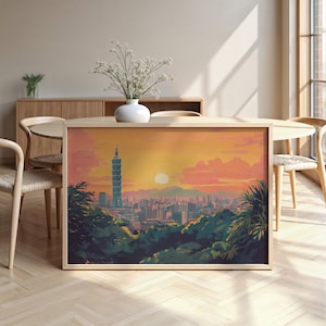 Taipei Cityscape: Matte Paper, Wooden Framed Poster, Wall Art, Decor, City Skyline, Vintage Watercolour,  Landmarks, Monuments