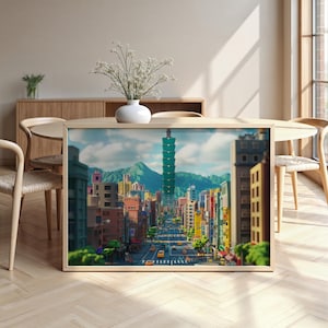 Paesaggio urbano di Taipei: carta semi-lucida, poster con cornice in legno, arte murale, decorazione, skyline della città, stile Pixar 3D, punti di riferimento, monumenti