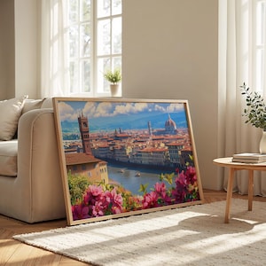 Paesaggio urbano di Firenze: carta semi-lucida, poster con cornice in legno, arte murale, decorazione, skyline della città, distintivo, stile Pixar, Italia