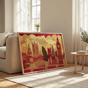 Paesaggio urbano di Londra: carta semi-lucida, poster con cornice in legno, arte murale, decorazione, skyline della città, dorato, punti di riferimento, monumenti