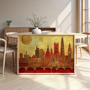 Paesaggio urbano di Londra: carta semi-lucida, poster con cornice in legno, arte murale, decorazione, skyline della città, dorato, punti di riferimento, monumenti