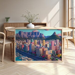 Paesaggio urbano di Città del Capo: carta semi-lucida, poster con cornice in legno, arte murale, decorazione, skyline della città, stile Pixar