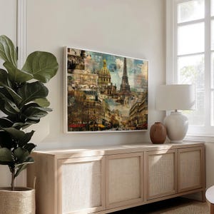 Paesaggio urbano di Parigi: carta semi-lucida, poster con cornice in legno, arte murale, decorazione, skyline della città, collage, punti di riferimento, monumenti, Francia