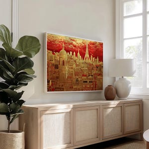 Paesaggio urbano di Parigi: carta semi-lucida, poster con cornice in legno, arte murale, decorazione, skyline della città, dorato, punti di riferimento, monumenti, Francia