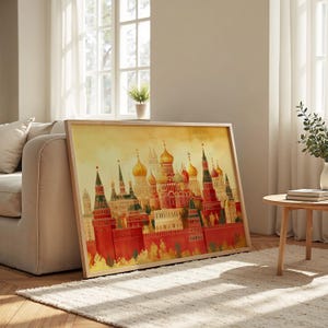 Paesaggio urbano di Mosca: carta semi-lucida, poster con cornice in legno, arte murale, decorazione, skyline della città, dorato, punti di riferimento, monumenti