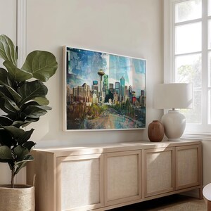 Paesaggio urbano di Seattle: carta semi-lucida, poster con cornice in legno, arte murale, decorazione, skyline della città, collage, punti di riferimento, monumenti, USA