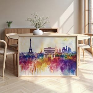 Paysage urbain de Paris : papier mat, affiche avec cadre en bois, oeuvre d'art mural, décoration, horizon de la ville, aquarelle, monuments, monuments, France