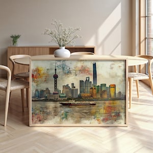 Paesaggio urbano di Shanghai: carta semi-lucida, poster con cornice in legno, arte murale, decorazione, skyline della città, collage, punti di riferimento, monumenti, Cina