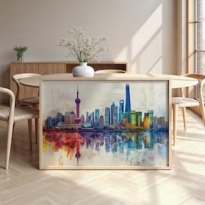 Paesaggio urbano di Shanghai: carta semi-lucida, poster con cornice in legno, arte murale, decorazione, skyline della città, punti di riferimento, monumenti, Cina
