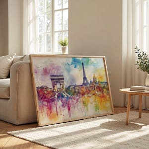 Paysage urbain de Paris : papier mat, affiche avec cadre en bois, oeuvre d'art mural, décoration, horizon de la ville, aquarelle, monuments, monuments, France