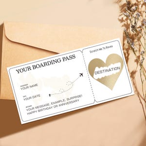 Carte à gratter personnalisée Révéler la carte d'embarquement, Billet coeur doré pour la destination, Carte à gratter surprise à révéler, Carte à gratter surprise pour les Fêtes