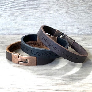 Custom Unisex Leather Bracelet, Personalized Engraved Bracelet for Men & Women, Unique Gift for Son, Special Message/GPS Coordinate Bracelet