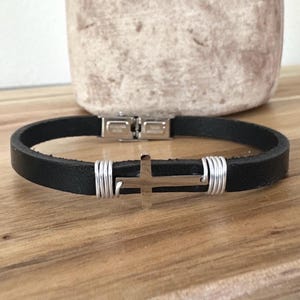 Small cross stainless steel leather bracelet, Thin minimal Cross Leather Bracelet, Confirmation Gifts, Gifts for Son, Unisex Cross Bracelet
