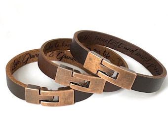 Personalized Leather Bracelet, Custom Engraved Message, Copper Clasp