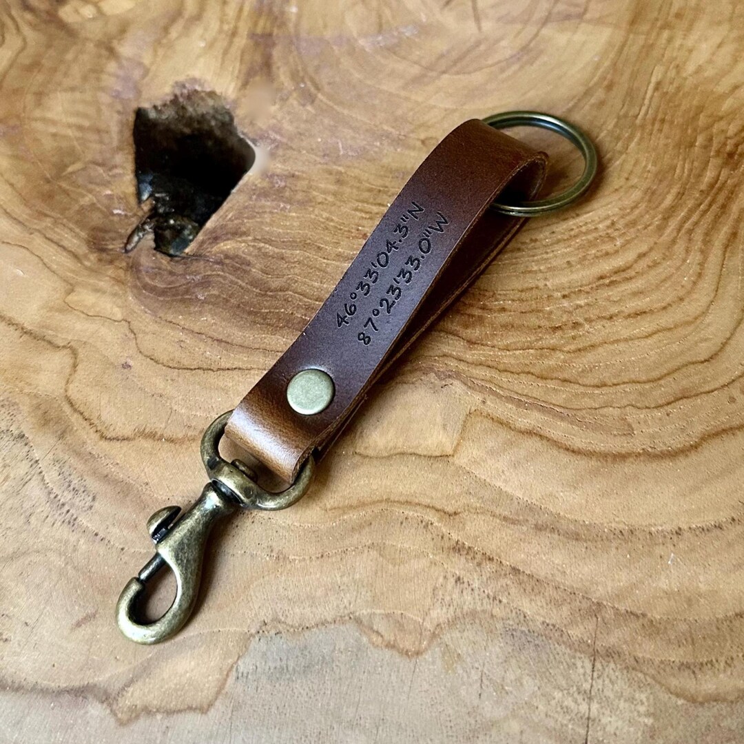 Personalized Leather Keychain, Engraved Coordinates, Custom Unisex